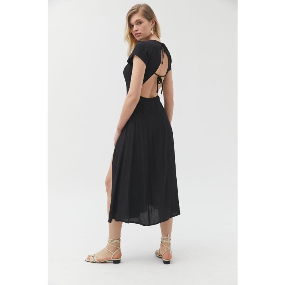 Urban Outfitters Lindsey Cap Sleeve Black Midi Sheer Dress Open Back Slit XS